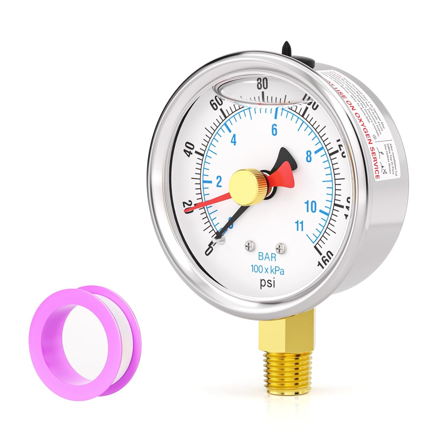 0-160PSI Stainless Steel with Reset Pointer Liquid Filled Pressure Gauge, 2.5