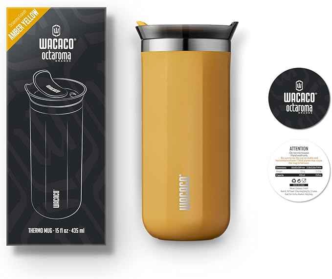 WACACO Octaroma Grande Vacuum Insulated Coffee Mug, 15 fl oz (435ml), Double-wall Stainless Steel Travel Tumbler With Drinking Lid, Amber Yellow
