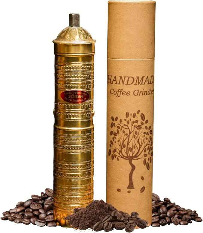Sozen Hammered 9" Manual Coffee Grinder Brass – Hand Crank Burr Mill for Turkish Coffee, French Press, Espresso, Camping & Home Use – Portable Coffee Bean Grinder, Adjustable Conical Grinder
