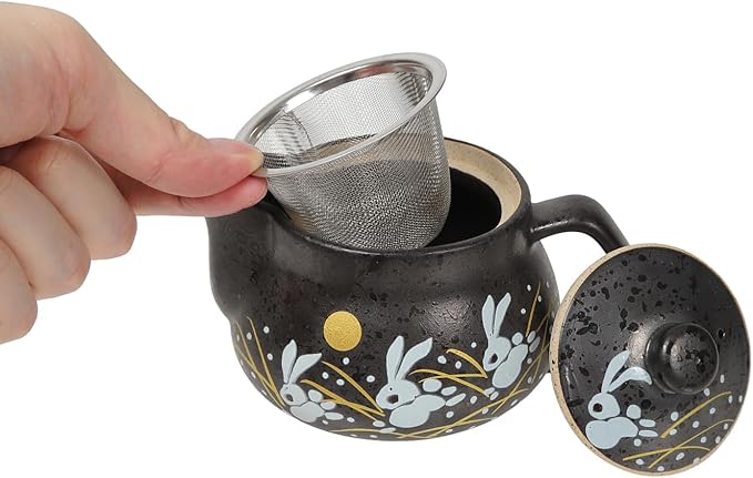 10oz bunny kyusu Rabbit Kutani Yaki(ware) Japanese Teapot with Removable Infuser, Handle Mug Stovetop Safe Tea Kettle, Blooming and Loose Leaf Tea Maker Set(Ceramic, Rabbit Black)