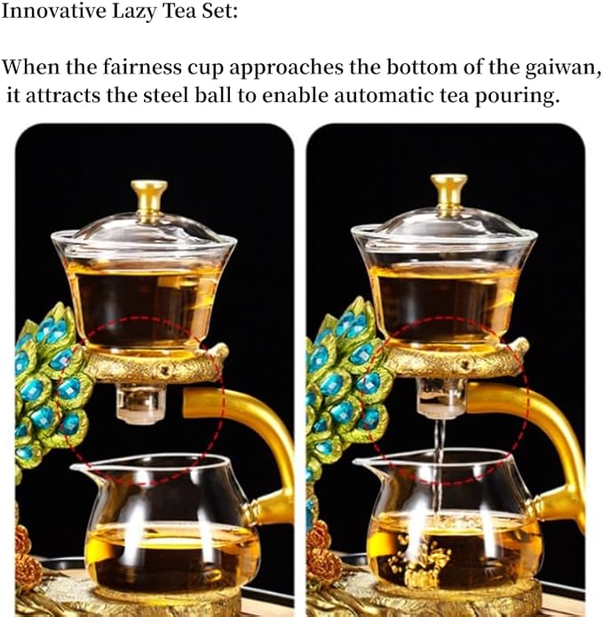 Glass Teapot Set with Infuser Semi Automatic Tea Set Lazy Kungfu Attraction Drip Rotating Magic Teapot Set (Peacock)