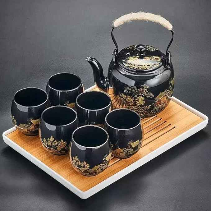 Japanese Tea Set, Black Glazed Tea Set in Gift Box With 1 Teapot, 1 Tea Strainer, 1 Tea Tray and 6 Tea Cups. Ideal Tea Set for Office Home, Asian Tea Sets for Tea Lovers(Country Black)