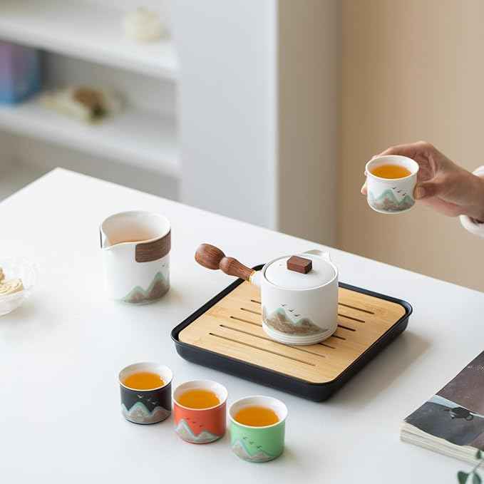 Chinese Tea Set, 7-Piece Ceramic Gongfu Set with Landscape Art, Teapot with Filter, Tea Cups, Serving Tray, Gift Box