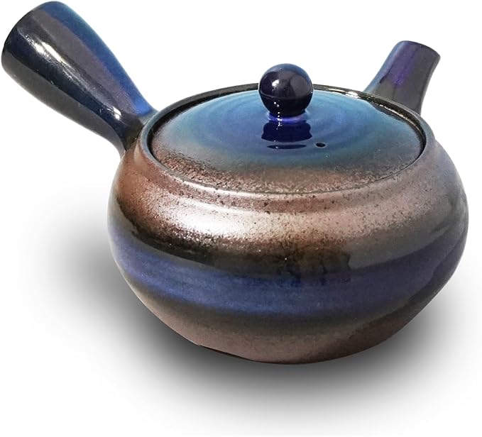 Banko-Yaki Japanese Tea Pot – Traditional Japanese Tea Kettle with Stainless Steel Bottom Strainer – Heat Resistant and Durable Ceramic Teapot for Deep Steamed Tea (Deep Blue)