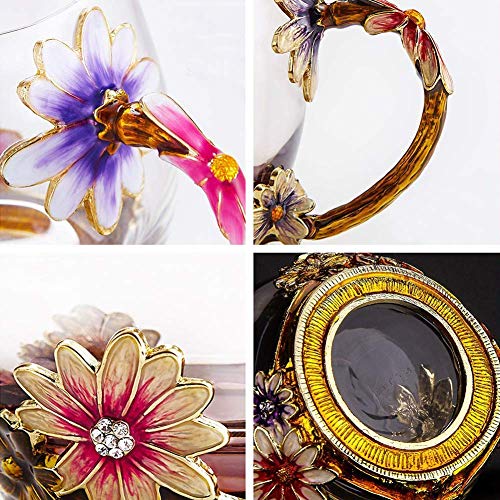 Enamel flower Glass Coffee Mug Tea Cup with Spoon Gifts For Women