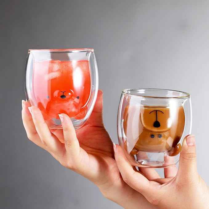 Bear Cute Mugs Kawaii Double Wall Glass Coffee Tea Mill Yogurt Cup Funny Novelty Gift for Women Her Friends Office Birthday Christmas