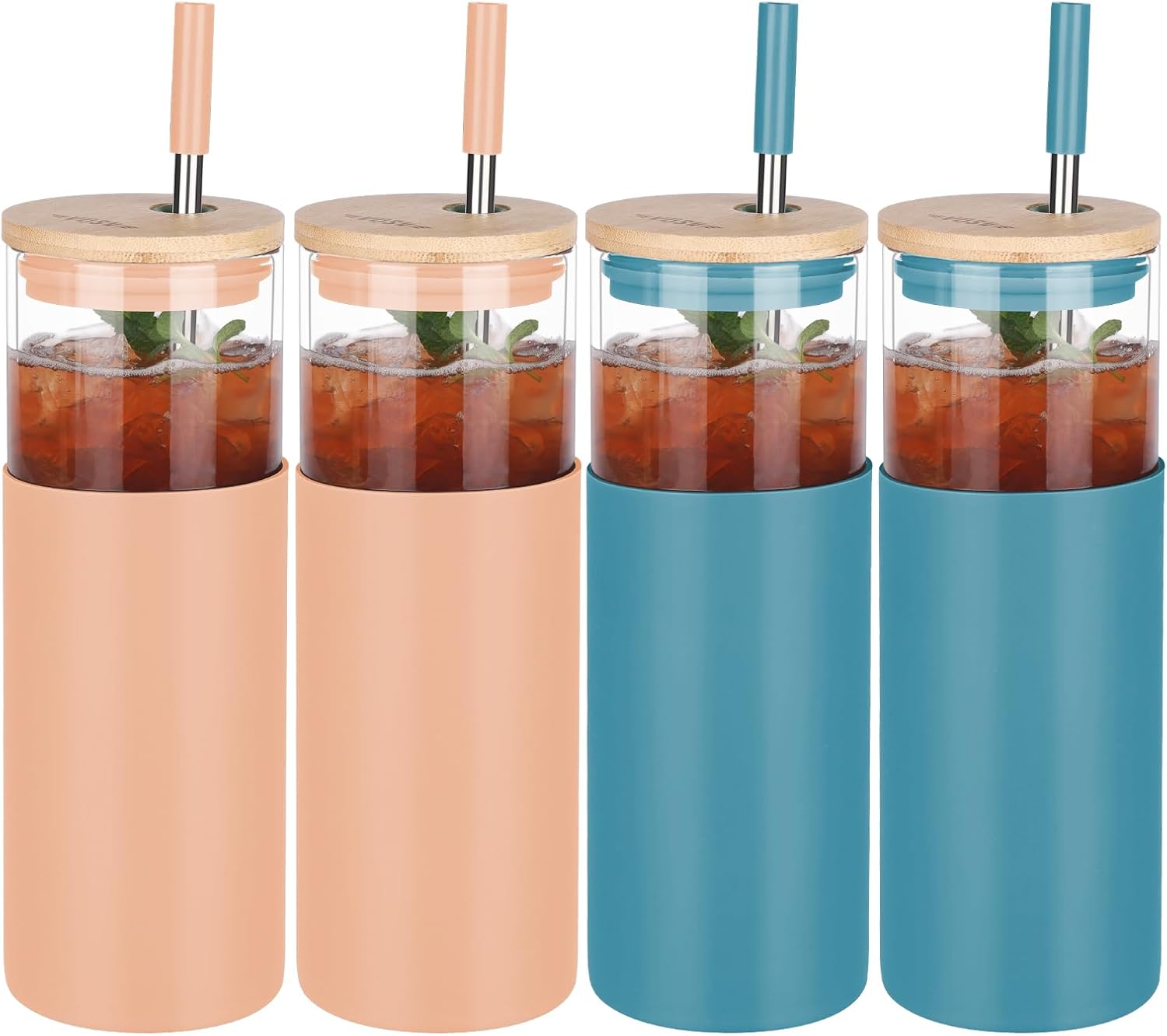 Glass Tumbler w/Lids & Straw - 24oz Reusable Mug w/Bamboo Lid & Stainless Steel Straw - BPA-Free, Leak-Proof, Dishwasher Safe for Coffee, Smoothies, Hot Beverages, Travel, Office, Home Use，4-PK