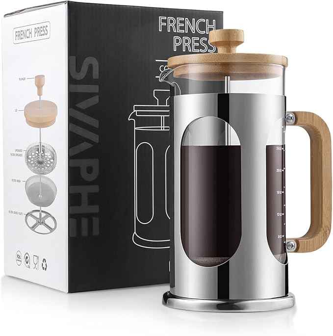 Sivaphe No-Plastic French Press Coffee Maker 34 oz, Borosilicate Glass Bamboo Lid and Handle Coffee Tea Press 8 cup, 1000ml Coffee Milk Forther with Stainless Steel Holder and Resuable Filters