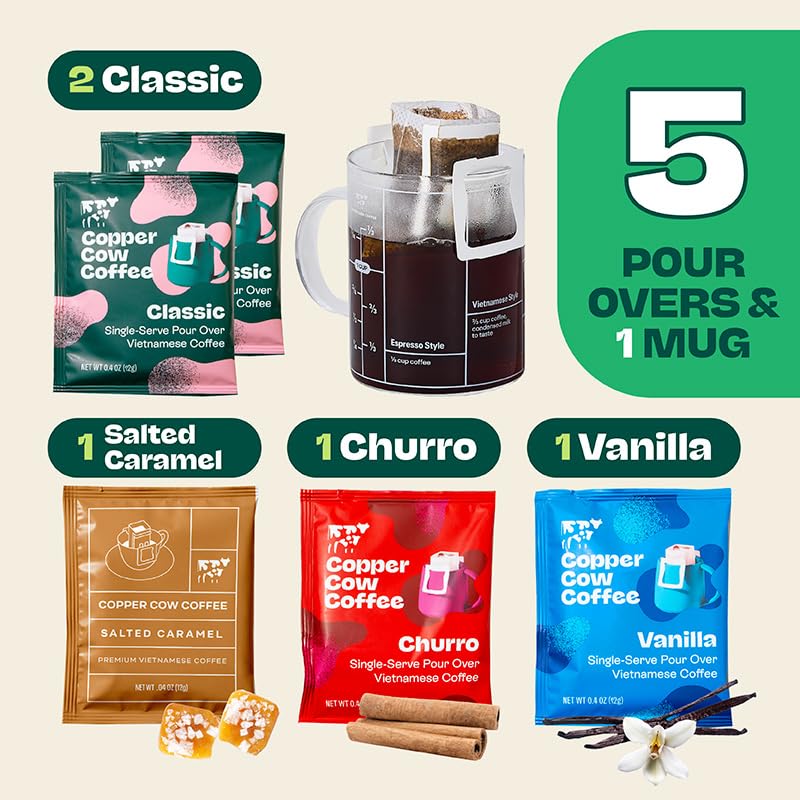 with Glass Mug & 5 Premium Vietnamese Pour Over Ground Coffees (2 Ounce)