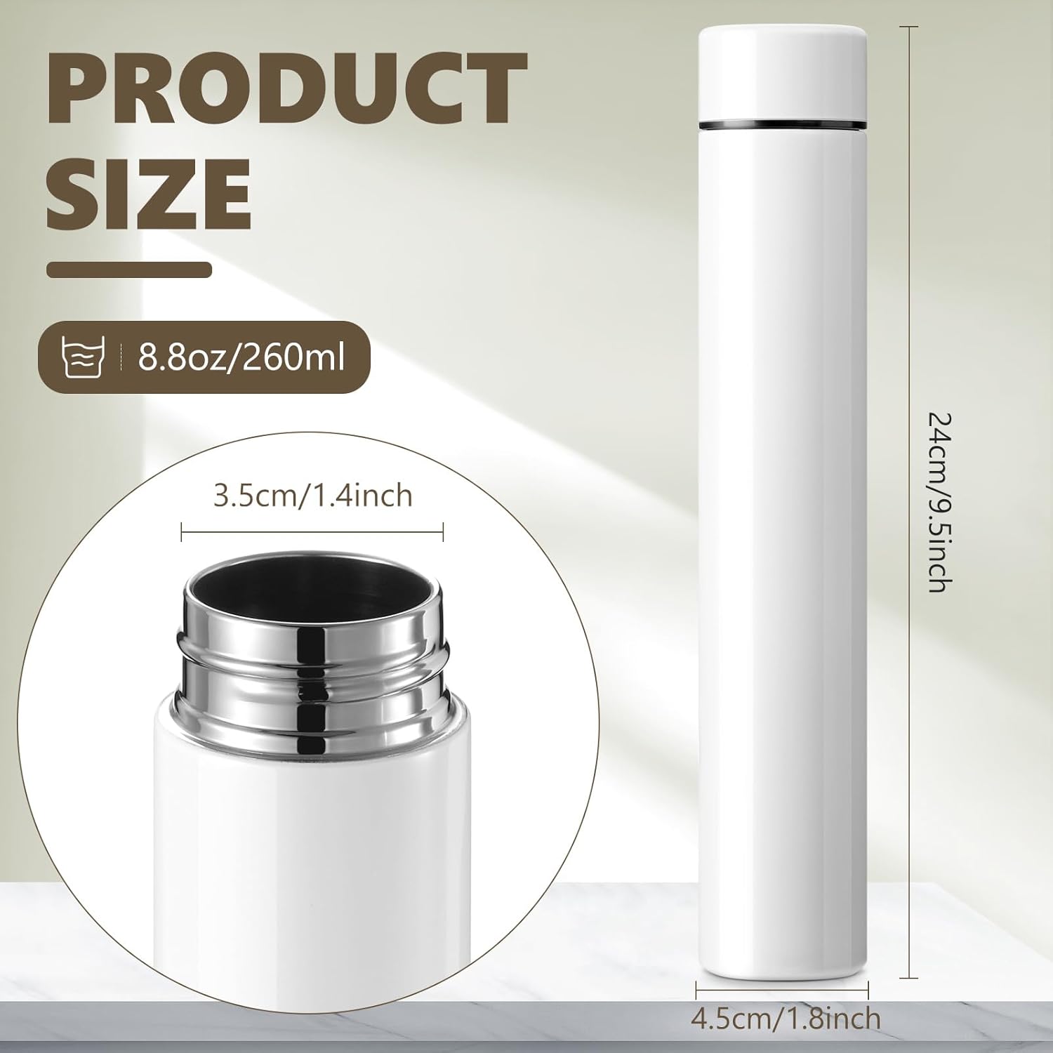Vesici 1 Pack Slim Water Bottle 8.8 oz Small Stainless Steel Purse Compact Insulated Water Bottles Camping Travel Backpack Pocket Flask for Car Cold Coffee Tea (White)