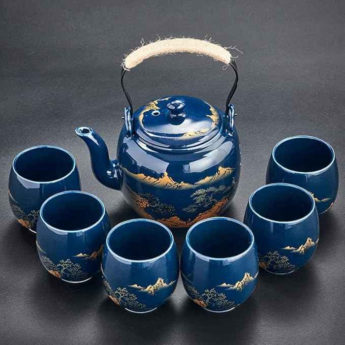 Gift Set Japanese Tea Set, Asian Black Glazed Ceramic Tea Set - Contains 1 Teapot, 1 Tea Strainer and 6 Teacups. Ideal for Home, Outdoor, Office (Blue1)