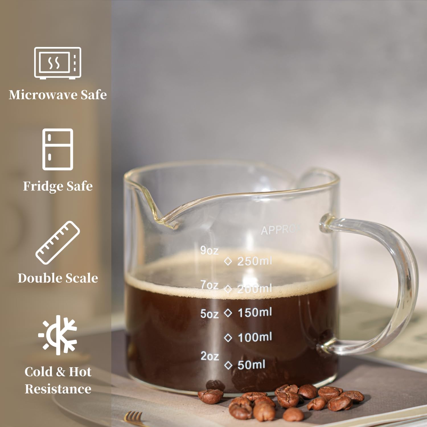 1 Pack 250ML/8.5OZ Measuring Cup Espresso Shot Glasses Double Spouts Large Coffee Cup with Handle Triple Pitcher Milk Cup Parts Clear Glass By BCnmviku