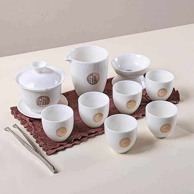 KEYDUACU Gaiwan Chinese Gongfu Tea Set，Asian Adult White Ceramic Tea Set, 6 Cups Suitable for Small Gatherings, Home and Office,Gift Giving(Home-China Fu)