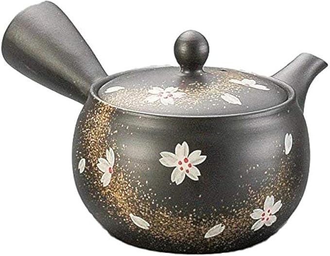 Yamakiikai Japanese Ceramic Teapot 280ml, Black Sakura Design with Gold Accents, Side Handle Kyusu Tea Pot for Loose Leaf Green Tea, Made in Japan