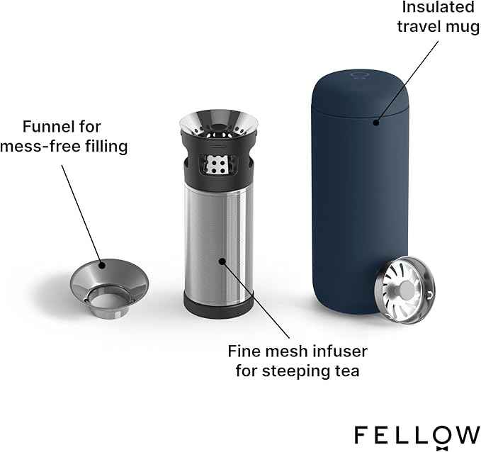 Fellow Carter Tea + Cold Brew Infuser & Carter Move 16 oz Tumbler Set - Steep Tea On-The-Go - Vacuum-Insulated Stainless Steel Travel Mug w/Snap-In Infuser For Steeping Tea, Cold Brew, Stone Blue