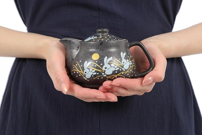 10oz bunny kyusu Rabbit Kutani Yaki(ware) Japanese Teapot with Removable Infuser, Handle Mug Stovetop Safe Tea Kettle, Blooming and Loose Leaf Tea Maker Set(Ceramic, Rabbit Black)