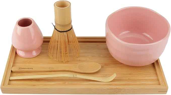 BambooMN Brand - Matcha Bowl Set (Includes Bowl, Rest,Tea Whisk, Chasaku, Tea Spoon & Tray) 1 Set Pink