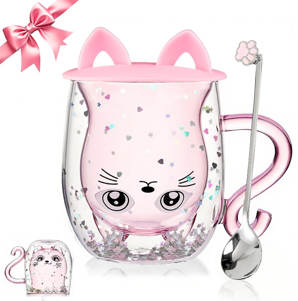 Gifts for Women Cat Gifts Double Walled Glass Coffee Latte Cup Cute Stuff Cat Mug Gifts for Her Christmas Stocking Fillers