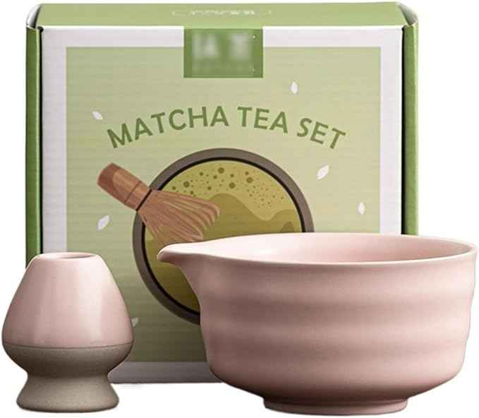 Ceramic Matcha Kit for Breakfast Afternoon Tea Contains Bowl Tea Brush Stand, Visiting Gifts Matcha Bowl Set Entertaining Guests Negotiating Business(Pink)