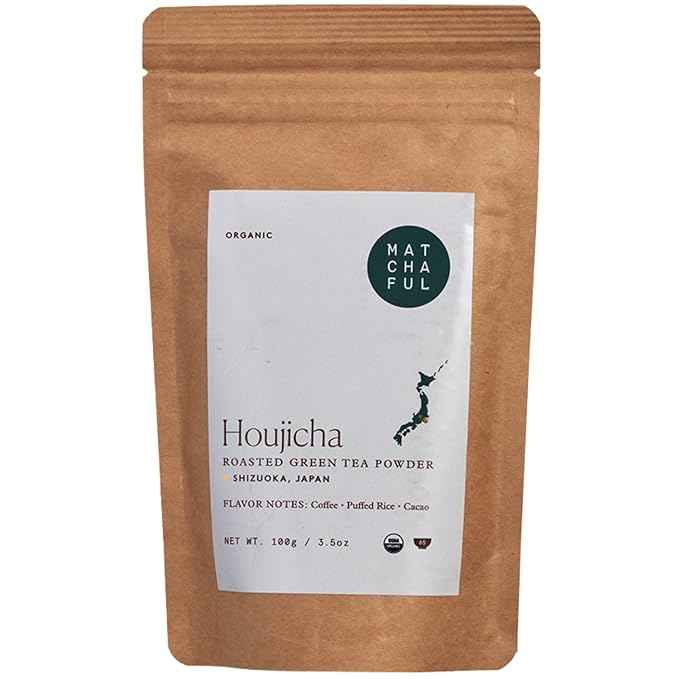 Matchaful Houjicha Powder - Organic Roasted Green Tea Powder - Smooth and Earthy with Flavor Notes of Coffee, Puffed Rice, Cacao - Enjoy Hot or Iced - 100g Bag