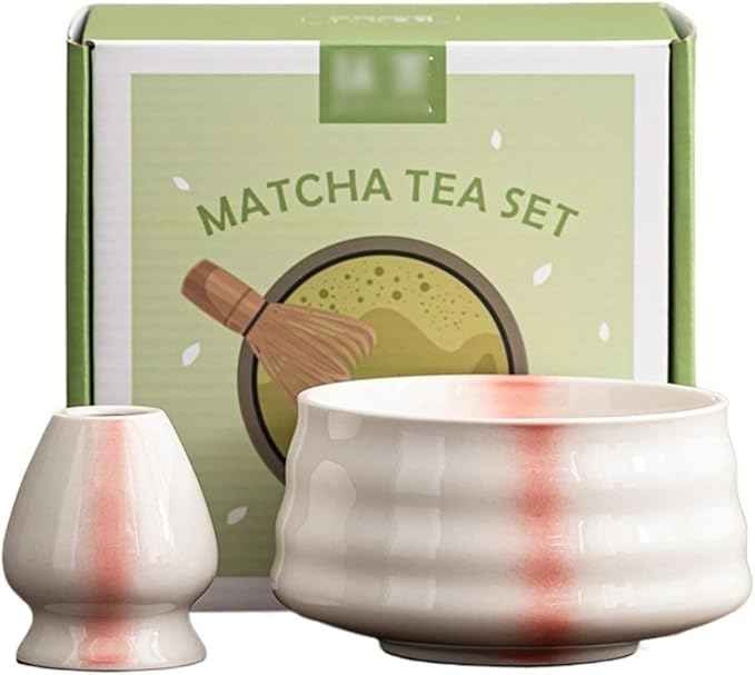 Ceramic Matcha Kit for Breakfast Afternoon Tea Contains Bowl Tea Brush Stand, Visiting Gifts Matcha Bowl Set Entertaining Guests Negotiating Business(Red-B)