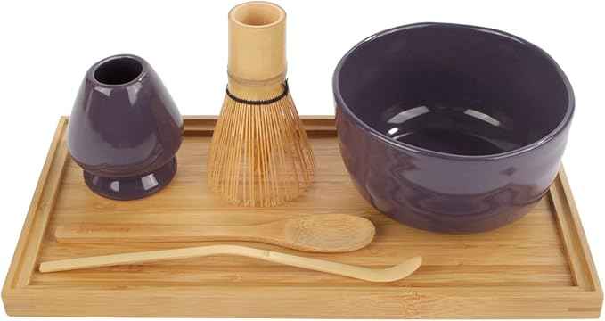 BambooMN Brand - Matcha Bowl Set (Includes Bowl, Rest,Tea Whisk, Chasaku, Tea Spoon & Tray) 2 Sets Purple