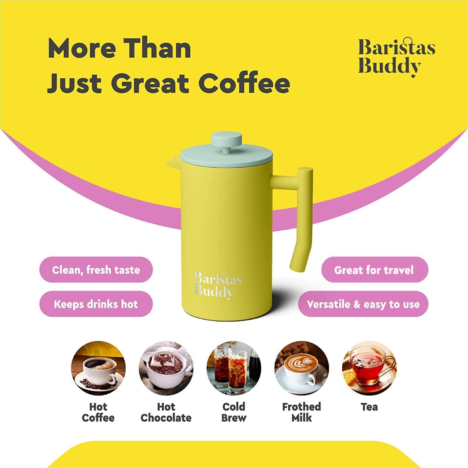 Yellow French Press Coffee Maker - Colorful, Retro And Stylish Insulated Coffee Brewer - Large Size Brews 4 Cups - Blissbrew