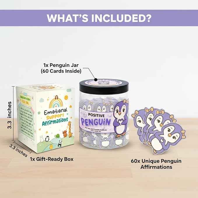 Positive Penguin Purple Jar with 60 Affirmation Cards, Emotional Support Penguin Gift, Penguin Gifts for Women, Best Friend Birthday Gifts, Funny Birthday Cards, Penguin Figurines and Penguin Decor