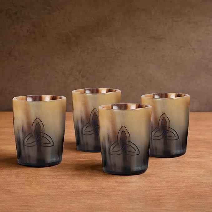 Handicrafts Home Viking Horn Shot Glasses Set of 4, Handmade Natural Ox Horn, Rustic Viking Drinkware Whiskey Shot Cups, Father’s Day Gifts, Medieval Decor Gift Set for Men & Groomsmen, Birthday Gifts