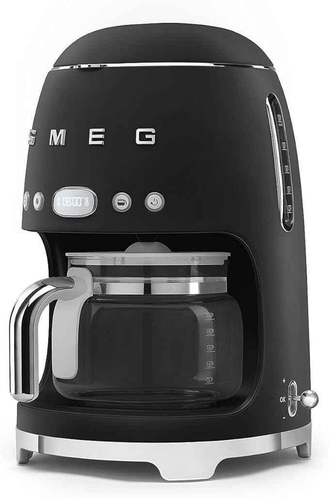 Smeg 50's Retro Style Aesthetic Drip Coffee Machine with 10 Cup Glass Carafe, Auto Start Feature, Keep Warm Plate, and Two Coffee Strength Settings (Matte Black)