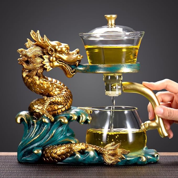 Glass Teapot Set Tea Maker with Infuser Semi Automatic Drip Rotating Cover Bowl Lazy Tea Set (Dragon, Teapot set)