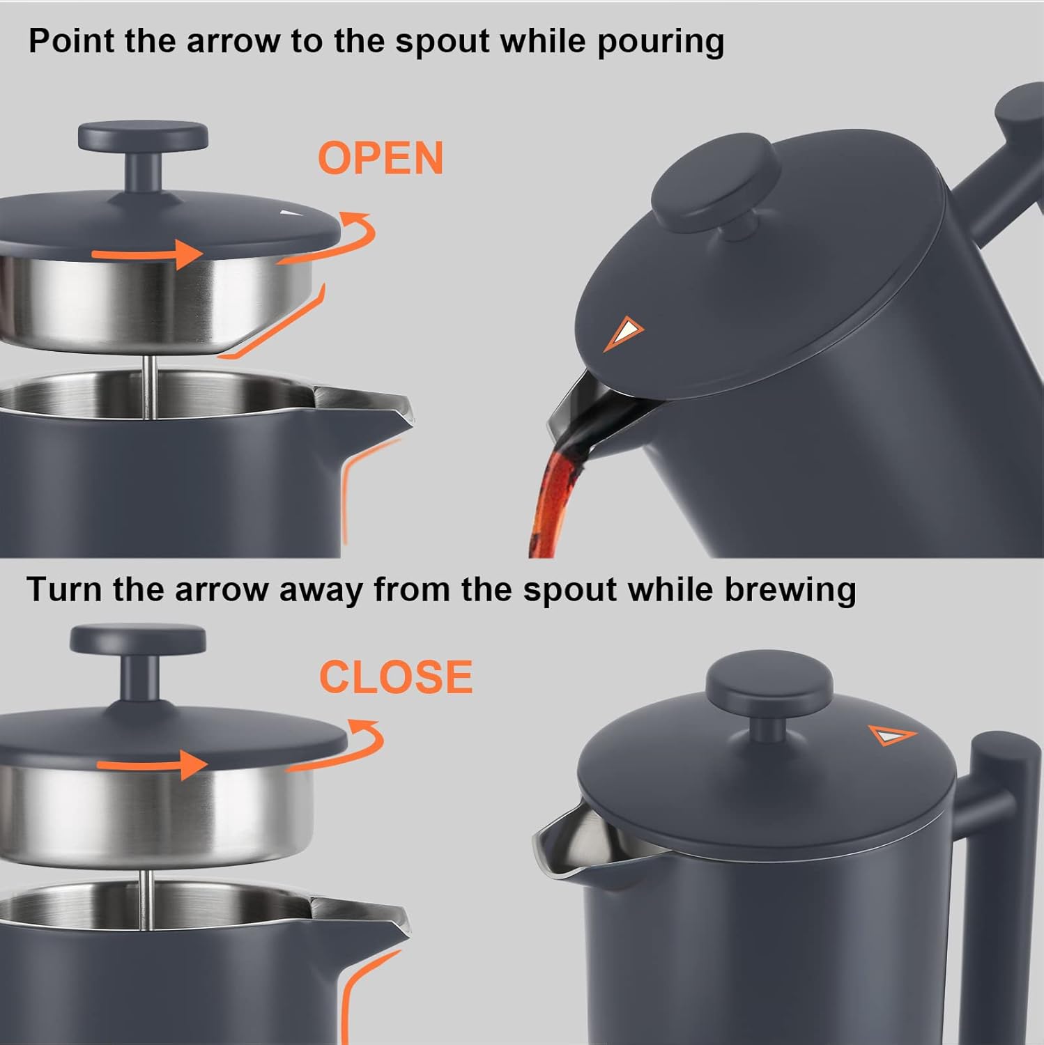 Secura French Press Coffee Maker, 304 Grade Stainless Steel Insulated Coffee Press with 2 Extra Screens, 34oz (1L), Grey - Blissbrew