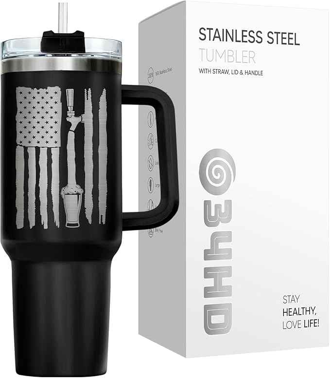 34HD Fatherhood Beer Tumbler 40oz with Handle and Straw - Surviving Dad One Beer at a Time Insulated Travel Coffee Mug - Funny Daddy Gift for Father's Day Birthday Grandpa Men