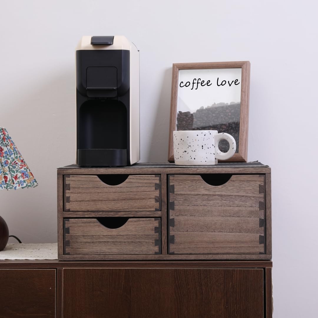 Coffee Pods Storage Drawer Holder for Capsules - Multi Functional Desk Organizer Drawers For K cups Coffee Maker Brew - Kitchen Mini Wooden Box Chest Sideboard Counter Organization CF2D3C Dark