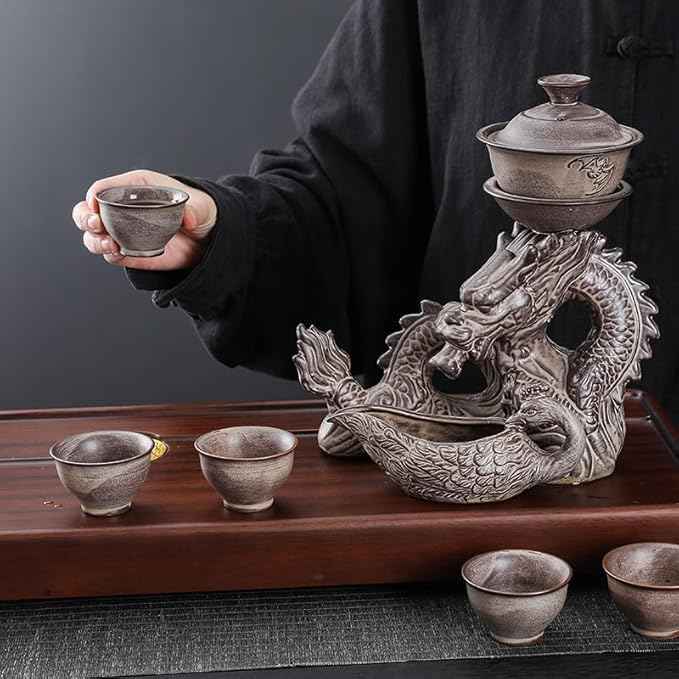 fanquare Semi Auto Kungfu Tea Set, Handmade Chinese Dragon Ceramic Tea Set Gift Box, 9 Piece Lazy Gongfu Tea Set for 6, Rotating Gaiwan, Infuser,Fair Cup, Grey