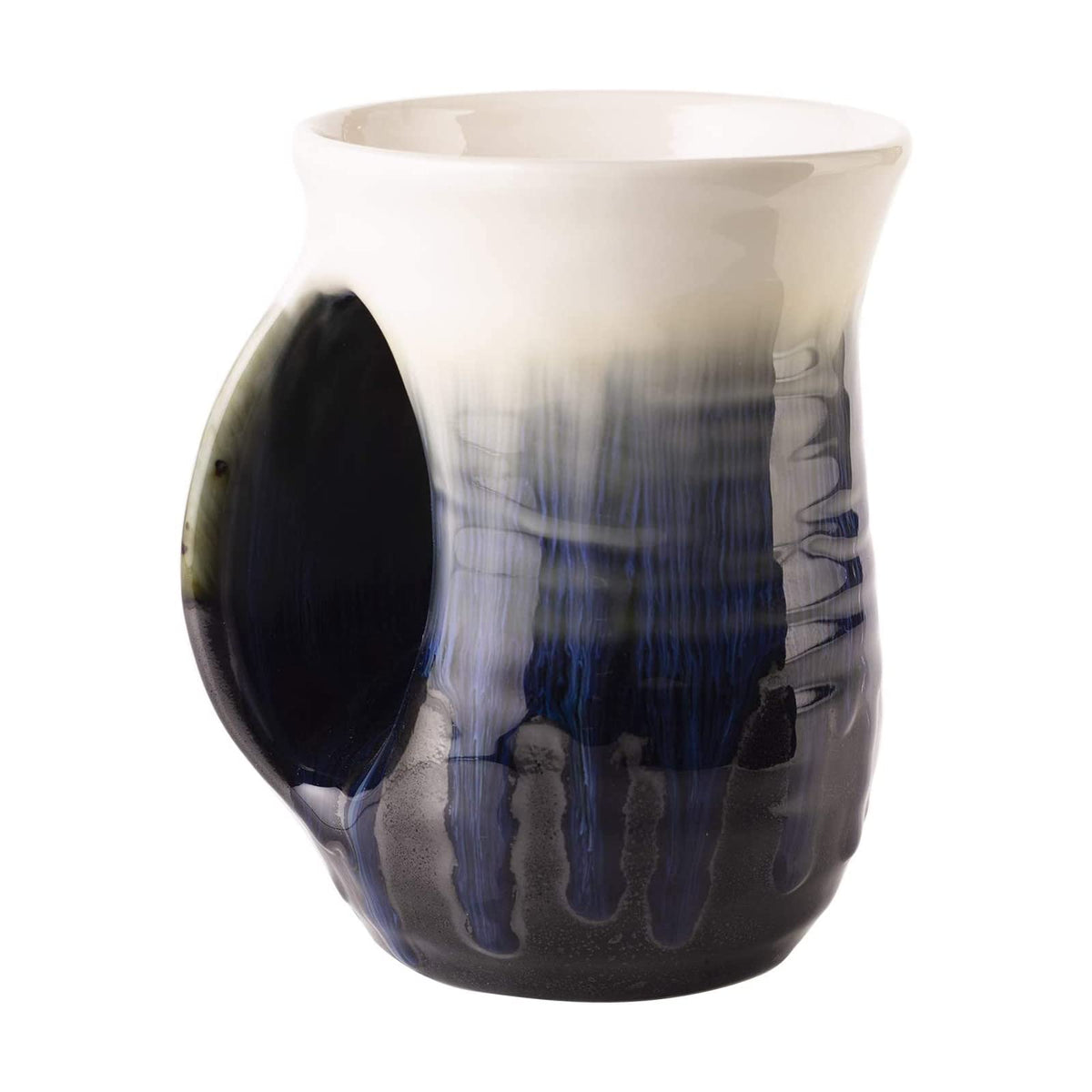 Ceramic hand warmer mug in ocean blue with contoured pocket