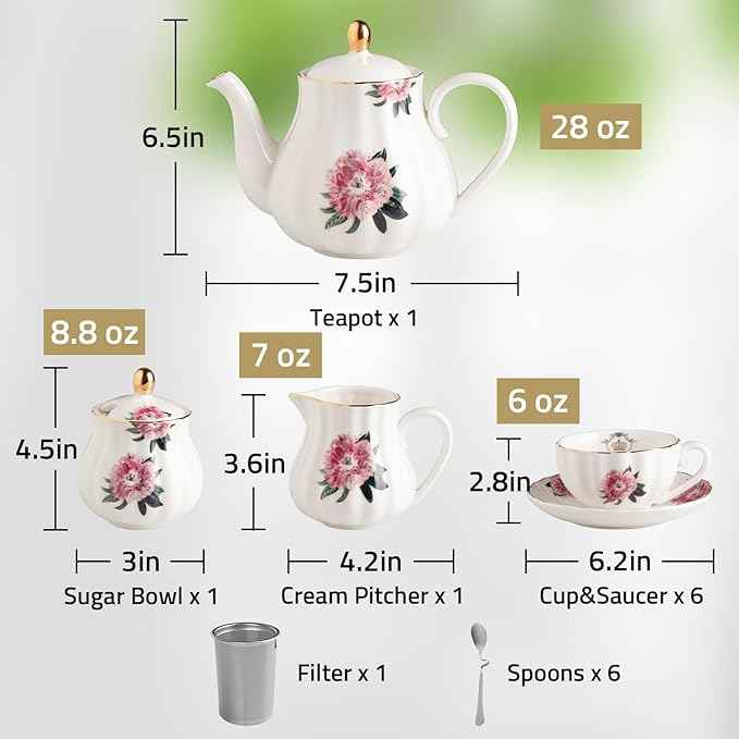 Sweejar Porcelain Tea Sets British Royal Series, 8 OZ Cups & Saucer Service for 6, with Teapot Sugar Bowl Cream Pitcher Teaspoons and Tea Strainer, Suitable for High Tea, Wedding, Party