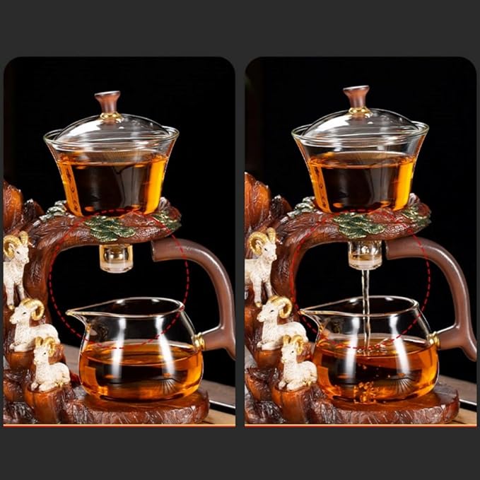 Glass Teapot Set with Infuser Semi Automatic Tea Set Lazy Kungfu Attraction Drip Rotating Magic Teapot Set (Goat)