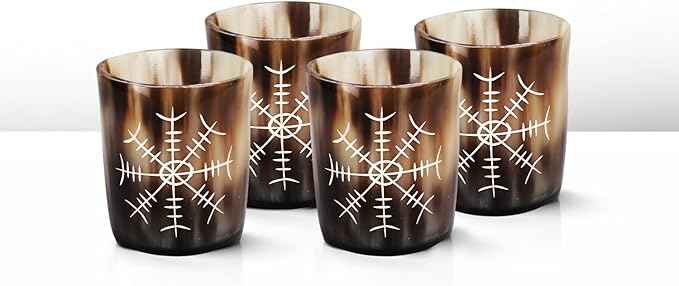 Handicrafts Home Viking Horn Shot Glasses Set of 4, Handmade Natural Ox Horn, Rustic Viking Drinkware Whiskey Shot Cups, Father’s Day Gifts, Medieval Decor Gift Set for Men & Groomsmen, Birthday Gifts