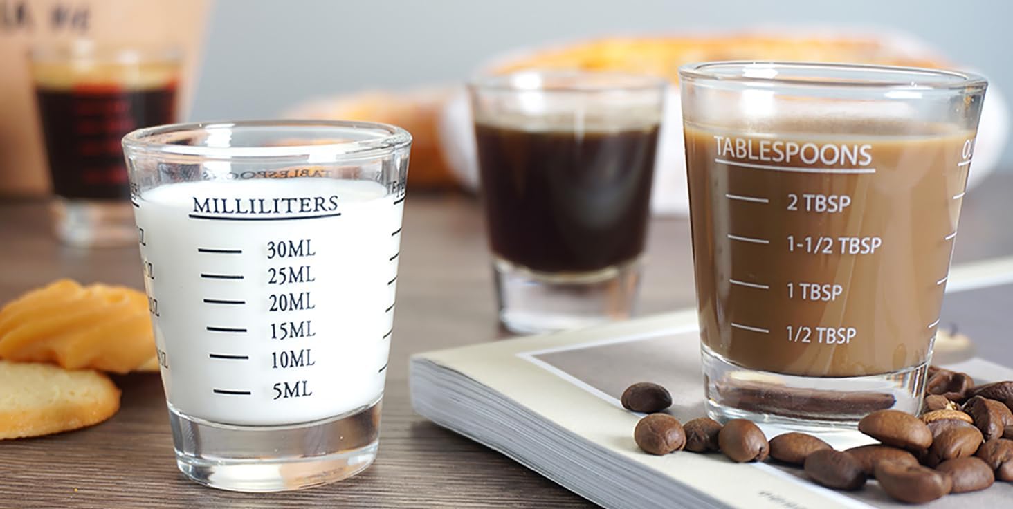 Shot Glasses Measuring cup Liquid Heavy Glass Wine Glass Espresso Shot Glass 26-Incremental Measurement 1 OZ 4 Features 45ML (4 pack-black 30ml)