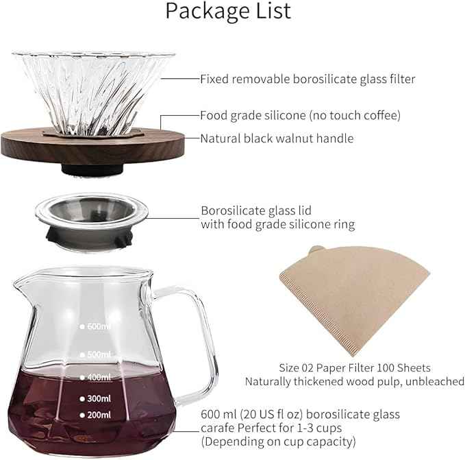 Professional Glass Pour Over Coffee Maker Kit - 600ml V-Shaped Brewer with Walnut Handle & 100 V20 Filters, 20 oz Borosilicate Carafe for Camping Home Brewing Gifts