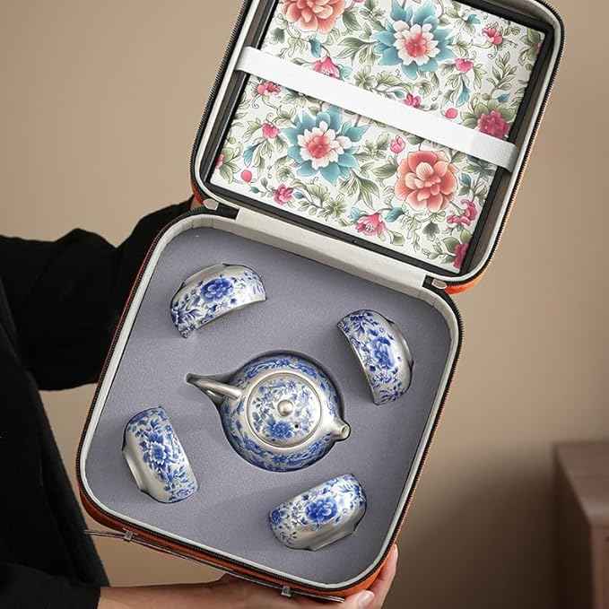 One Silver-Plated Teapot with Two Cups and Four Cups Blue-and-White Peony Xi Shi Teapot Gift Set 鎏银 青花牡丹西施茶壶 (Blue-and-White Peony Xi Shi Teapot + Four Cups + Tea Tray in Leather Case)