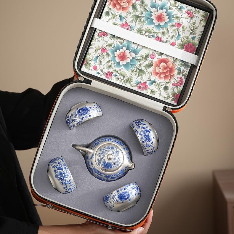 One Silver Plated Teapot with Two Cups and Four Cups Blue