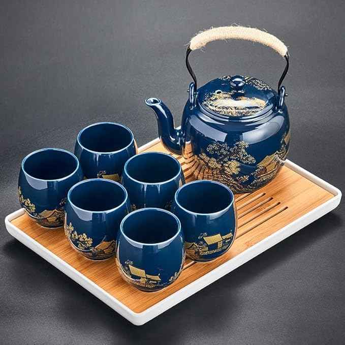 Japanese Tea Set, Black Glazed Tea Set in Gift Box With 1 Teapot, 1 Tea Strainer, 1 Tea Tray and 6 Tea Cups. Ideal Tea Set for Office Home, Asian Tea Sets for Tea Lovers(Country Blue)