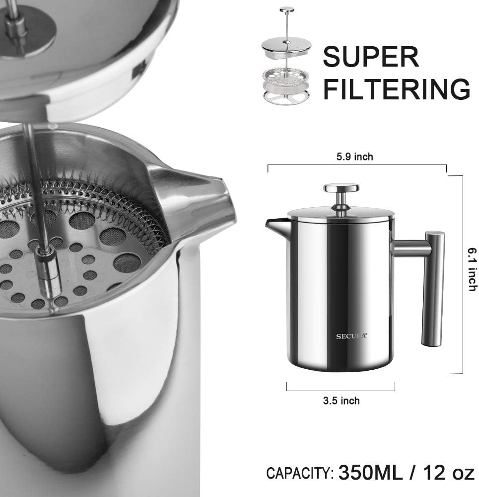 Secura French Press Coffee Maker, 304 Grade Stainless Steel Insulated Coffee Press with 2 Extra Screens, 12oz (0.35 Litre), Silver (SFP-12DS) - Blissbrew
