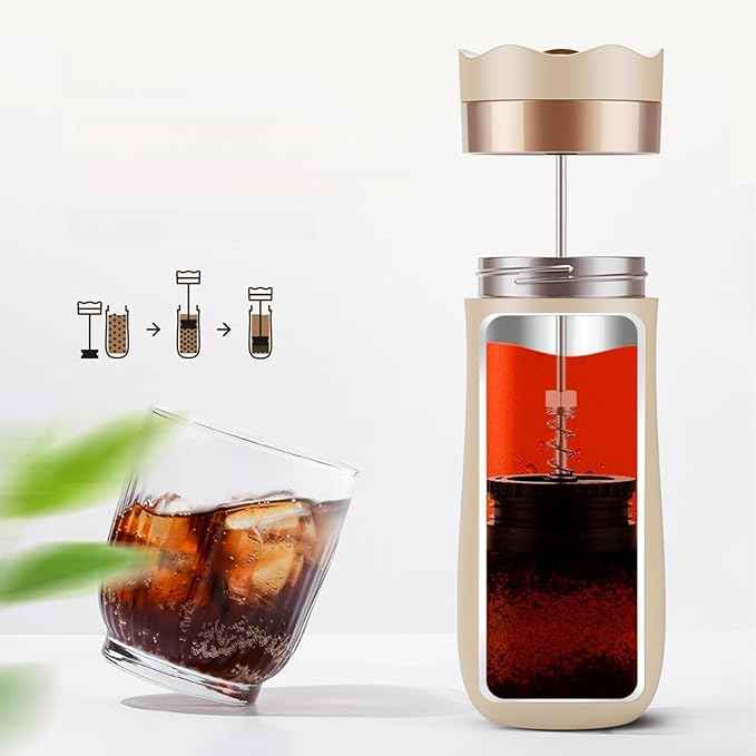 Travel French Press Coffee Maker 12oz Portable French Coffee Cup Double Walled Stainless Steel Vacuum Insulated Coffee Mug and Tea Maker Mini Vacuum Great for Camping and Traveling