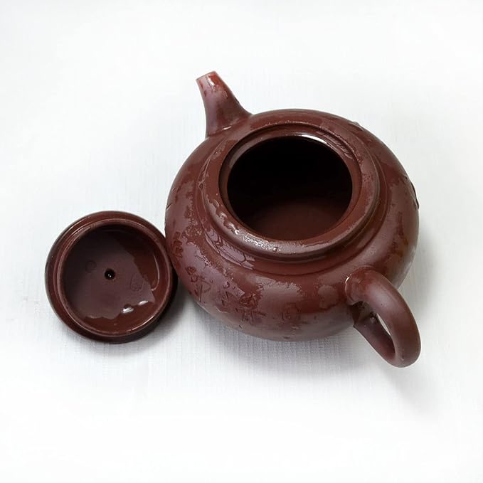 Teapot 10oz Chinese Zisha Clay Pots with Infuser for Loose Tea Hand-Carved Red Brown Qingshuini Natural Clay 320ml