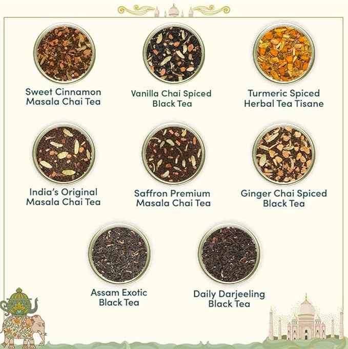 VAHDAM, Weekend In Taj Mahal Tea Gift Set Travel Edition Gift Box | 8 Varieties - Chai, Black, Herbal Tea | Gluten Free, Non GMO | Gifts for Women & Men