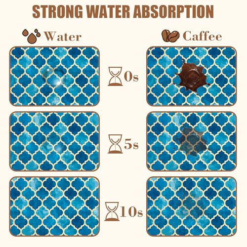 Dish Drying Mat Blue Moroccan Tile Coffee Bar Mat for Countertop Absorbent Hide Stain Rubber Backed Dish Drainer Rack Pad Coffee Maker Espresso Machine Dining Room Decor 15.7 x 23.6 Inch