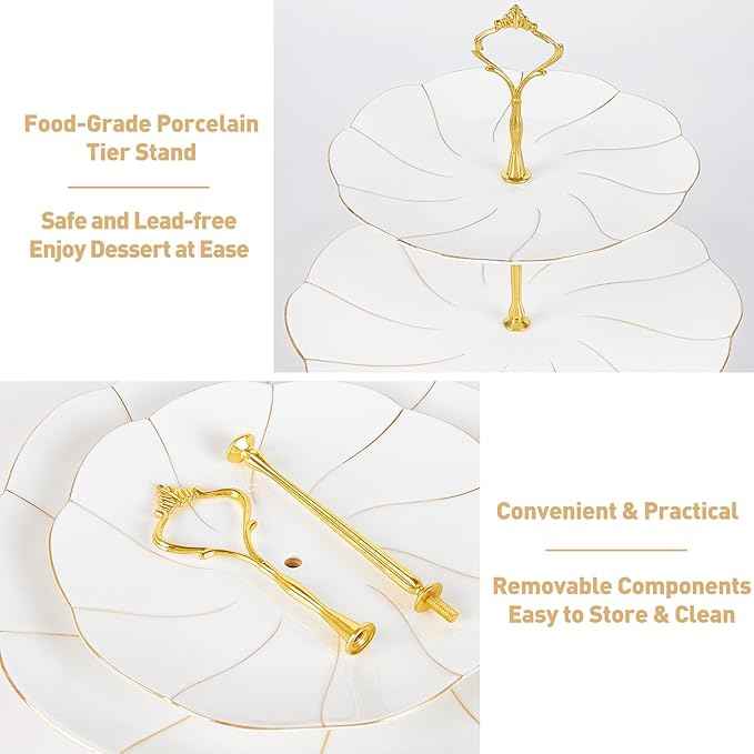DUJUST 22 pcs Porcelain Tea Set for 6 ＆ Larger 2-Tier Cupcake Stand Tower, Luxury British Style Tea/Coffee Cup Set with Golden Trim, Food Grade Dessert Display Stand for Tea Party - White